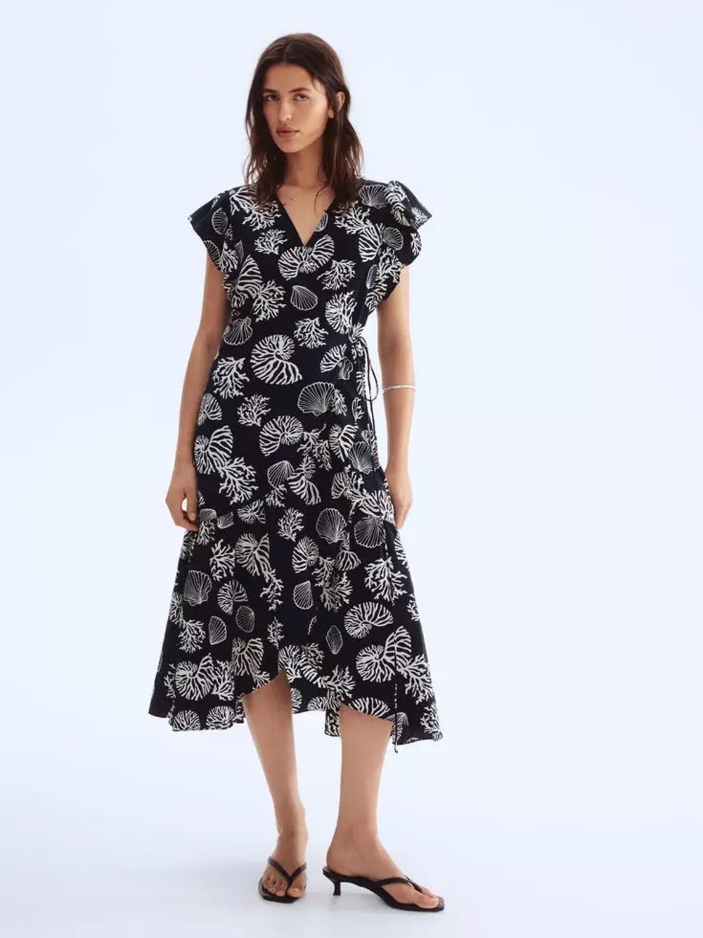 H&M Black & White Seashell Print Wrap Midi Dress Size S